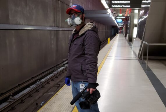 Filming the documentary Global Panic during the pandemic of 2020 on a subway platform in Los Angeles